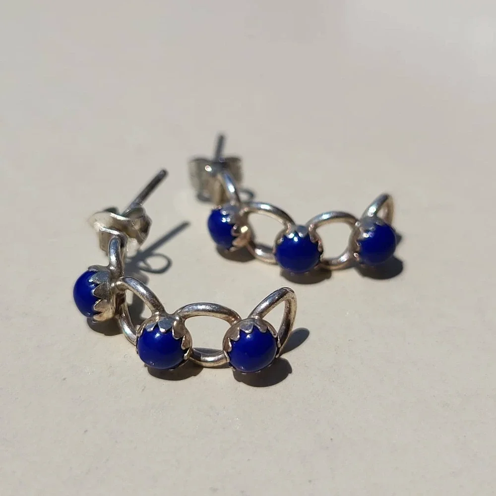 Vintage 925 Sterling Silver Lapis Lazuli J-Hoop Earrings Blue Cabochon Small